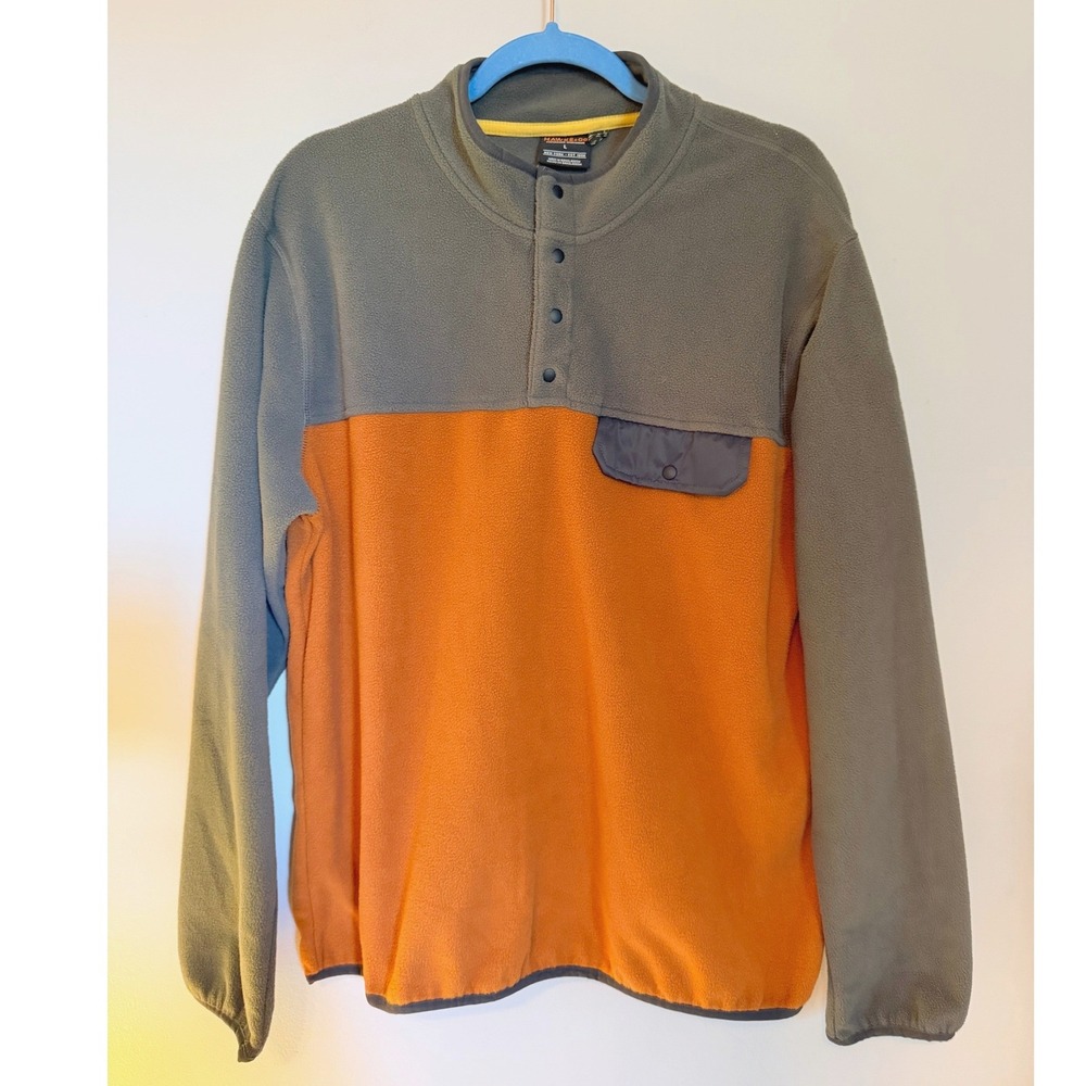 Hawke & Co Fleece Pullover Mens Large Orange Green Excellent Snap Mock warm cozy